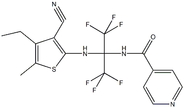 N-[1-[(3-cyano-4-ethyl-5-methyl-2-thienyl)amino]-2,2,2-trifluoro-1-(trifluoromethyl)ethyl]isonicotinamide Struktur