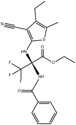 ethyl 2-(benzoylamino)-2-[(3-cyano-4-ethyl-5-methyl-2-thienyl)amino]-3,3,3-trifluoropropanoate Struktur