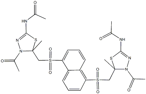 N-[4-acetyl-5-({[5-({[3-acetyl-5-(acetylamino)-2-methyl-2,3-dihydro-1,3,4-thiadiazol-2-yl]methyl}sulfonyl)-1-naphthyl]sulfonyl}methyl)-5-methyl-4,5-dihydro-1,3,4-thiadiazol-2-yl]acetamide Struktur