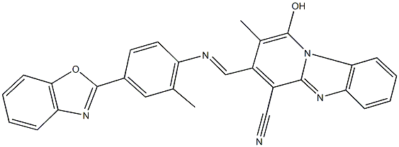 3-({[4-(1,3-benzoxazol-2-yl)-2-methylphenyl]imino}methyl)-1-hydroxy-2-methylpyrido[1,2-a]benzimidazole-4-carbonitrile Struktur