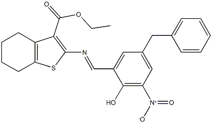 ethyl 2-({5-benzyl-2-hydroxy-3-nitrobenzylidene}amino)-4,5,6,7-tetrahydro-1-benzothiophene-3-carboxylate Struktur