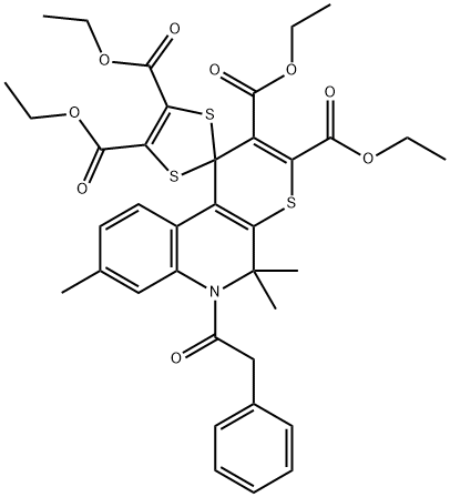 tetraethyl 5',5',8'-trimethyl-6'-(phenylacetyl)-5',6'-dihydrospiro[1,3-dithiole-2,1'-(1'H)-thiopyrano[2,3-c]quinoline]-2',3',4,5-tetracarboxylate Struktur