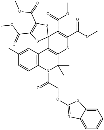 tetramethyl 6'-[(1,3-benzothiazol-2-yloxy)acetyl]-5',5',9'-trimethyl-5',6'-dihydrospiro(1,3-dithiole-2,1'-[1'H]-thiopyrano[2,3-c]quinoline)-2',3',4,5-tetracarboxylate Struktur