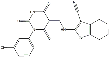 2-({[1-(3-chlorophenyl)-2,4,6-trioxotetrahydro-5(2H)-pyrimidinylidene]methyl}amino)-4,5,6,7-tetrahydro-1-benzothiophene-3-carbonitrile Struktur