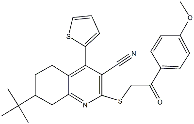 7-tert-butyl-2-{[2-(4-methoxyphenyl)-2-oxoethyl]sulfanyl}-4-(2-thienyl)-5,6,7,8-tetrahydro-3-quinolinecarbonitrile Struktur