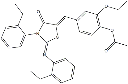 2-ethoxy-4-({3-(2-ethylphenyl)-2-[(2-ethylphenyl)imino]-4-oxo-1,3-thiazolidin-5-ylidene}methyl)phenyl acetate Struktur