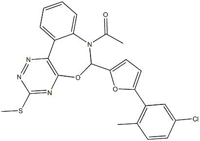 7-acetyl-6-[5-(5-chloro-2-methylphenyl)-2-furyl]-3-(methylsulfanyl)-6,7-dihydro[1,2,4]triazino[5,6-d][3,1]benzoxazepine Struktur