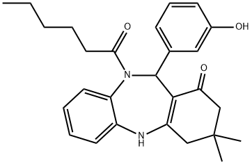 10-hexanoyl-11-(3-hydroxyphenyl)-3,3-dimethyl-2,3,4,5,10,11-hexahydro-1H-dibenzo[b,e][1,4]diazepin-1-one Struktur