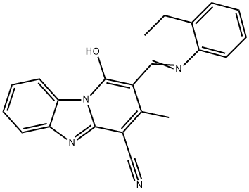 2-{[(2-ethylphenyl)imino]methyl}-1-hydroxy-3-methylpyrido[1,2-a]benzimidazole-4-carbonitrile Struktur