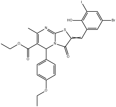 ethyl 2-(5-bromo-2-hydroxy-3-iodobenzylidene)-5-(4-ethoxyphenyl)-7-methyl-3-oxo-2,3-dihydro-5H-[1,3]thiazolo[3,2-a]pyrimidine-6-carboxylate Struktur