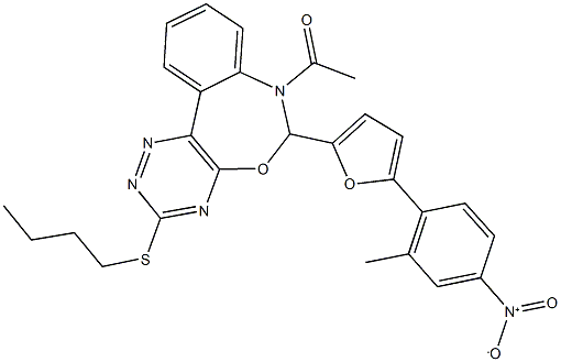 7-acetyl-3-(butylsulfanyl)-6-(5-{4-nitro-2-methylphenyl}-2-furyl)-6,7-dihydro[1,2,4]triazino[5,6-d][3,1]benzoxazepine Struktur