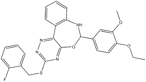 6-(4-ethoxy-3-methoxyphenyl)-3-[(2-fluorobenzyl)sulfanyl]-6,7-dihydro[1,2,4]triazino[5,6-d][3,1]benzoxazepine Struktur