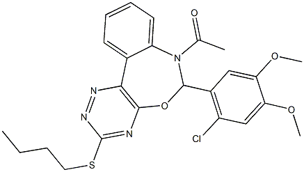 7-acetyl-3-(butylsulfanyl)-6-(2-chloro-4,5-dimethoxyphenyl)-6,7-dihydro[1,2,4]triazino[5,6-d][3,1]benzoxazepine Struktur