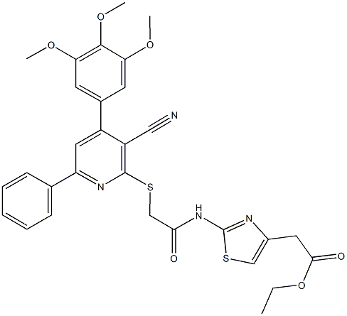 ethyl {2-[({[3-cyano-6-phenyl-4-(3,4,5-trimethoxyphenyl)-2-pyridinyl]sulfanyl}acetyl)amino]-1,3-thiazol-4-yl}acetate Struktur