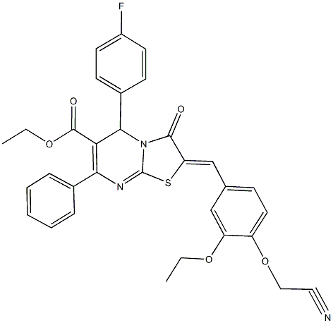 ethyl 2-[4-(cyanomethoxy)-3-ethoxybenzylidene]-5-(4-fluorophenyl)-3-oxo-7-phenyl-2,3-dihydro-5H-[1,3]thiazolo[3,2-a]pyrimidine-6-carboxylate Struktur
