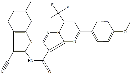 N-(3-cyano-6-methyl-4,5,6,7-tetrahydro-1-benzothien-2-yl)-5-(4-methoxyphenyl)-7-(trifluoromethyl)pyrazolo[1,5-a]pyrimidine-3-carboxamide Struktur