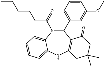 10-hexanoyl-11-(3-methoxyphenyl)-3,3-dimethyl-2,3,4,5,10,11-hexahydro-1H-dibenzo[b,e][1,4]diazepin-1-one Struktur
