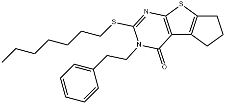 2-(heptylsulfanyl)-3-(2-phenylethyl)-3,5,6,7-tetrahydro-4H-cyclopenta[4,5]thieno[2,3-d]pyrimidin-4-one Struktur