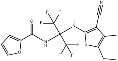 N-[1-[(3-cyano-5-ethyl-4-methylthien-2-yl)amino]-2,2,2-trifluoro-1-(trifluoromethyl)ethyl]-2-furamide Struktur