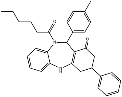 10-hexanoyl-11-(4-methylphenyl)-3-phenyl-2,3,4,5,10,11-hexahydro-1H-dibenzo[b,e][1,4]diazepin-1-one Struktur