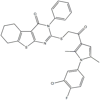 2-({2-[1-(3-chloro-4-fluorophenyl)-2,5-dimethyl-1H-pyrrol-3-yl]-2-oxoethyl}sulfanyl)-3-phenyl-5,6,7,8-tetrahydro[1]benzothieno[2,3-d]pyrimidin-4(3H)-one Struktur
