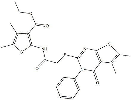 ethyl 2-({[(5,6-dimethyl-4-oxo-3-phenyl-3,4-dihydrothieno[2,3-d]pyrimidin-2-yl)sulfanyl]acetyl}amino)-4,5-dimethylthiophene-3-carboxylate Struktur