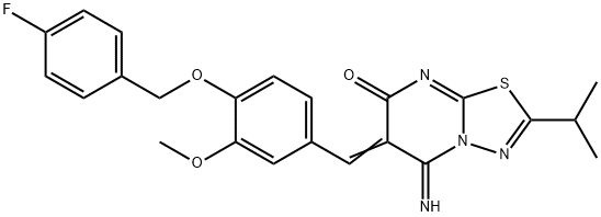 6-{4-[(4-fluorobenzyl)oxy]-3-methoxybenzylidene}-5-imino-2-isopropyl-5,6-dihydro-7H-[1,3,4]thiadiazolo[3,2-a]pyrimidin-7-one Struktur