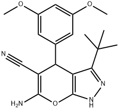 6-amino-3-tert-butyl-4-(3,5-dimethoxyphenyl)-1,4-dihydropyrano[2,3-c]pyrazole-5-carbonitrile Struktur