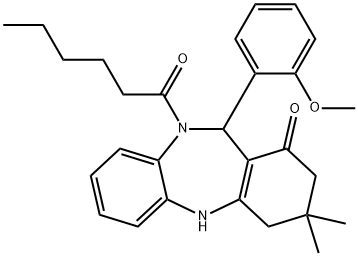 10-hexanoyl-11-(2-methoxyphenyl)-3,3-dimethyl-2,3,4,5,10,11-hexahydro-1H-dibenzo[b,e][1,4]diazepin-1-one Struktur