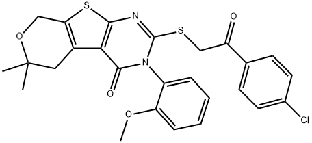 2-{[2-(4-chlorophenyl)-2-oxoethyl]sulfanyl}-3-(2-methoxyphenyl)-6,6-dimethyl-3,5,6,8-tetrahydro-4H-pyrano[4',3':4,5]thieno[2,3-d]pyrimidin-4-one Struktur