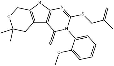 3-(2-methoxyphenyl)-6,6-dimethyl-2-[(2-methylprop-2-enyl)sulfanyl]-3,5,6,8-tetrahydro-4H-pyrano[4',3':4,5]thieno[2,3-d]pyrimidin-4-one Struktur