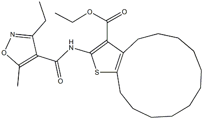 ethyl 2-{[(3-ethyl-5-methyl-4-isoxazolyl)carbonyl]amino}-5,6,7,8,9,10,11,12,13,14-decahydro-4H-cyclotrideca[b]thiophene-3-carboxylate Struktur