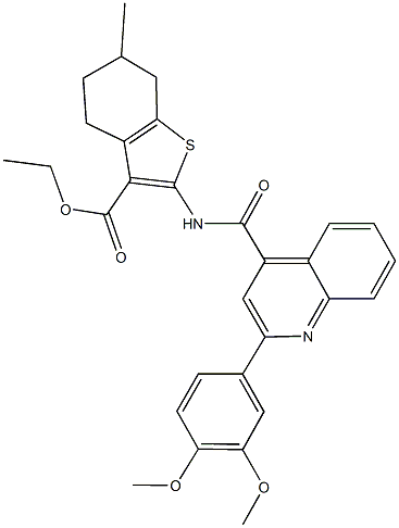 ethyl 2-({[2-(3,4-dimethoxyphenyl)-4-quinolinyl]carbonyl}amino)-6-methyl-4,5,6,7-tetrahydro-1-benzothiophene-3-carboxylate Struktur