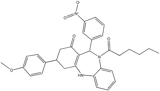 10-hexanoyl-11-{3-nitrophenyl}-3-(4-methoxyphenyl)-2,3,4,5,10,11-hexahydro-1H-dibenzo[b,e][1,4]diazepin-1-one Struktur