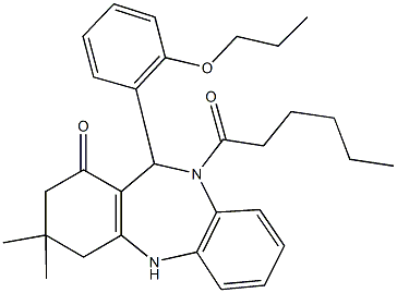 10-hexanoyl-3,3-dimethyl-11-(2-propoxyphenyl)-2,3,4,5,10,11-hexahydro-1H-dibenzo[b,e][1,4]diazepin-1-one Struktur