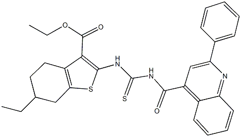 ethyl 6-ethyl-2-[({[(2-phenyl-4-quinolinyl)carbonyl]amino}carbothioyl)amino]-4,5,6,7-tetrahydro-1-benzothiophene-3-carboxylate Struktur