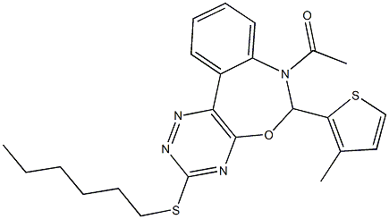 7-acetyl-3-(hexylsulfanyl)-6-(3-methylthien-2-yl)-6,7-dihydro[1,2,4]triazino[5,6-d][3,1]benzoxazepine Struktur