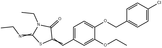 5-{4-[(4-chlorobenzyl)oxy]-3-ethoxybenzylidene}-3-ethyl-2-(ethylimino)-1,3-thiazolidin-4-one Struktur