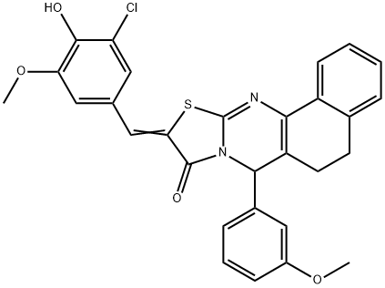 10-(3-chloro-4-hydroxy-5-methoxybenzylidene)-7-(3-methoxyphenyl)-5,7-dihydro-6H-benzo[h][1,3]thiazolo[2,3-b]quinazolin-9(10H)-one Struktur