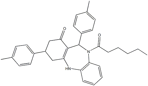 10-hexanoyl-3,11-bis(4-methylphenyl)-2,3,4,5,10,11-hexahydro-1H-dibenzo[b,e][1,4]diazepin-1-one Struktur
