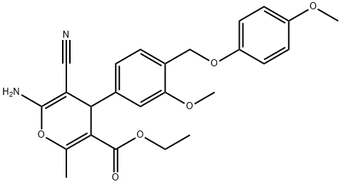 ethyl 6-amino-5-cyano-4-{3-methoxy-4-[(4-methoxyphenoxy)methyl]phenyl}-2-methyl-4H-pyran-3-carboxylate Struktur