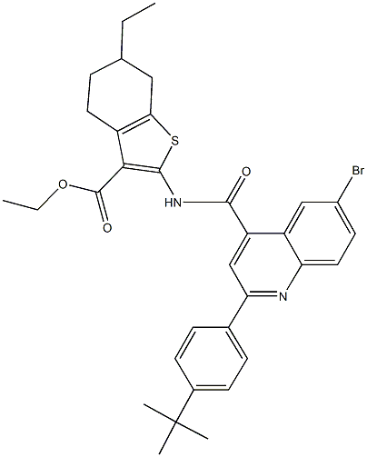 ethyl 2-({[6-bromo-2-(4-tert-butylphenyl)-4-quinolinyl]carbonyl}amino)-6-ethyl-4,5,6,7-tetrahydro-1-benzothiophene-3-carboxylate Struktur