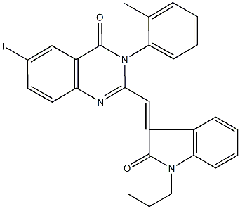 6-iodo-3-(2-methylphenyl)-2-[(2-oxo-1-propyl-1,2-dihydro-3H-indol-3-ylidene)methyl]-4(3H)-quinazolinone Struktur
