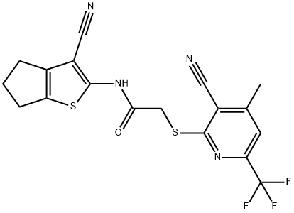 N-(3-cyano-5,6-dihydro-4H-cyclopenta[b]thien-2-yl)-2-{[3-cyano-4-methyl-6-(trifluoromethyl)-2-pyridinyl]sulfanyl}acetamide Struktur