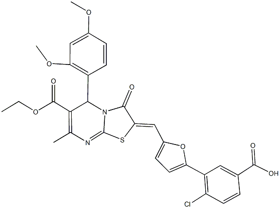4-chloro-3-{5-[(5-(2,4-dimethoxyphenyl)-6-(ethoxycarbonyl)-7-methyl-3-oxo-5H-[1,3]thiazolo[3,2-a]pyrimidin-2(3H)-ylidene)methyl]-2-furyl}benzoic acid Struktur