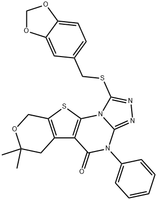 1-[(1,3-benzodioxol-5-ylmethyl)sulfanyl]-7,7-dimethyl-4-phenyl-6,9-dihydro-7H-pyrano[4',3':4,5]thieno[3,2-e][1,2,4]triazolo[4,3-a]pyrimidin-5(4H)-one Struktur