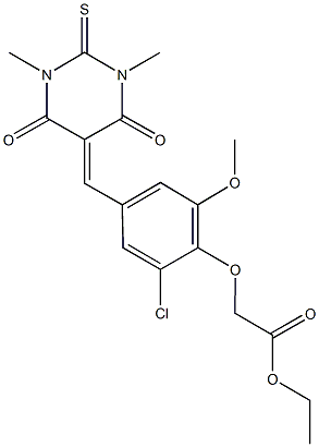 ethyl {2-chloro-4-[(1,3-dimethyl-4,6-dioxo-2-thioxotetrahydro-5(2H)-pyrimidinylidene)methyl]-6-methoxyphenoxy}acetate Struktur