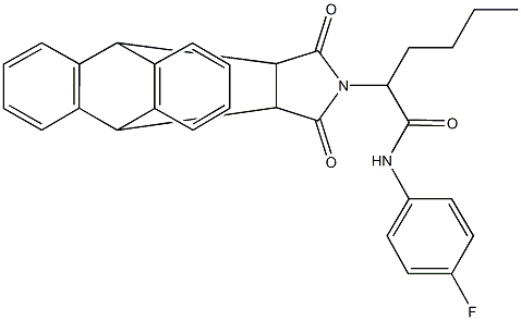 2-(16,18-dioxo-17-azapentacyclo[6.6.5.0~2,7~.0~9,14~.0~15,19~]nonadeca-2,4,6,9,11,13-hexaen-17-yl)-N-(4-fluorophenyl)hexanamide Struktur
