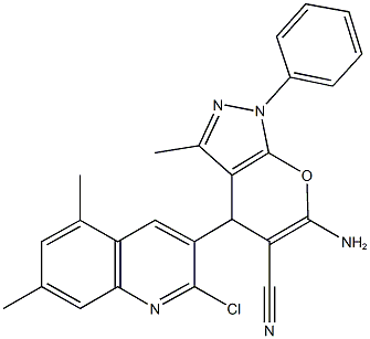 6-amino-4-(2-chloro-5,7-dimethyl-3-quinolinyl)-3-methyl-1-phenyl-1,4-dihydropyrano[2,3-c]pyrazole-5-carbonitrile Struktur
