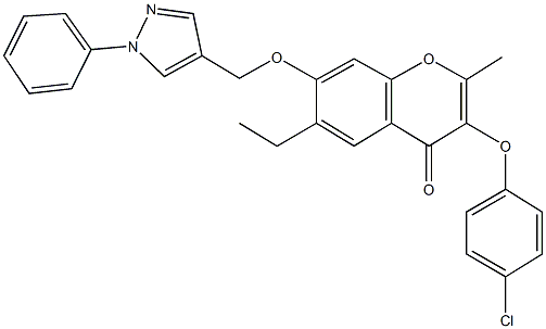 3-(4-chlorophenoxy)-6-ethyl-2-methyl-7-[(1-phenyl-1H-pyrazol-4-yl)methoxy]-4H-chromen-4-one Struktur
